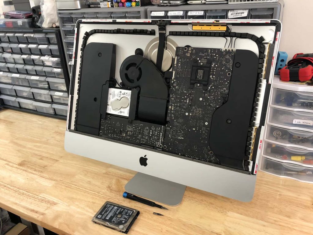 iMac on the work bench with display removed.