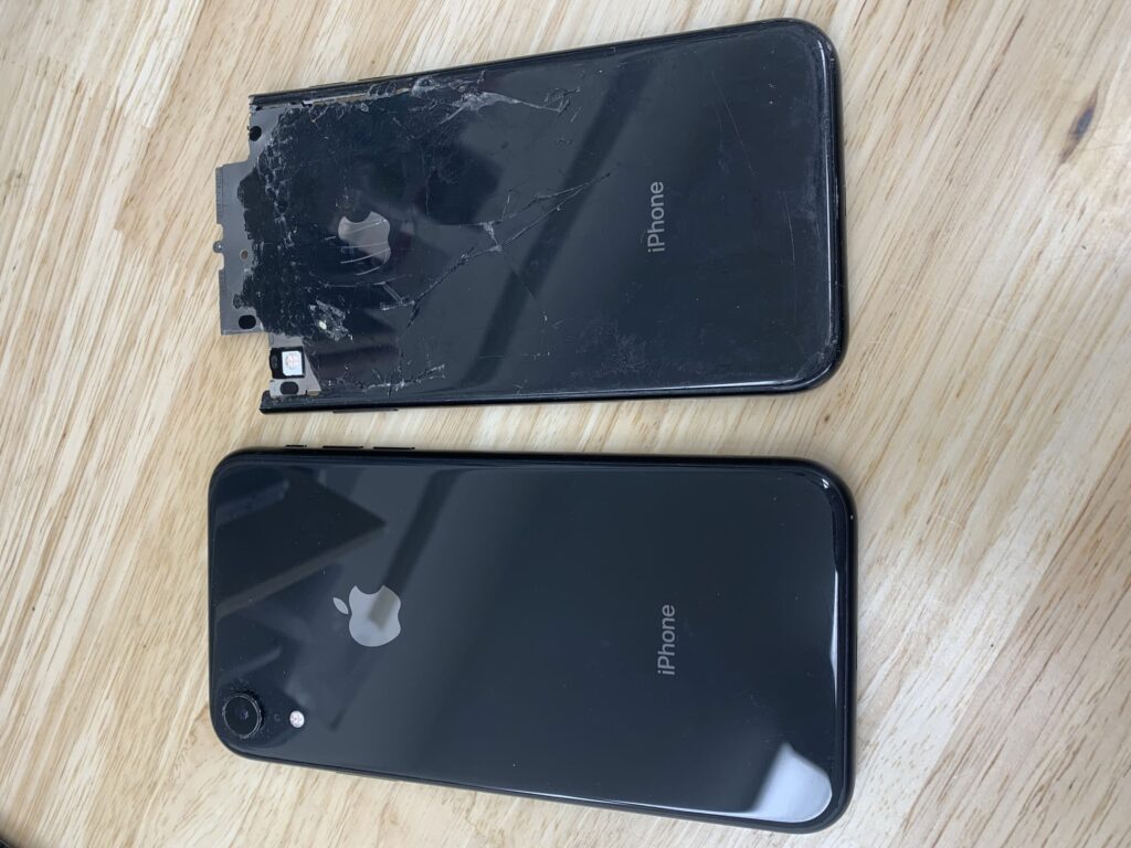 Side by side iPhone XR Repaired next to broken back