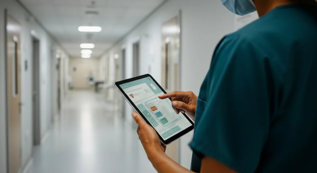 Healthcare worker using HIPAA-compliant tablet for patient records