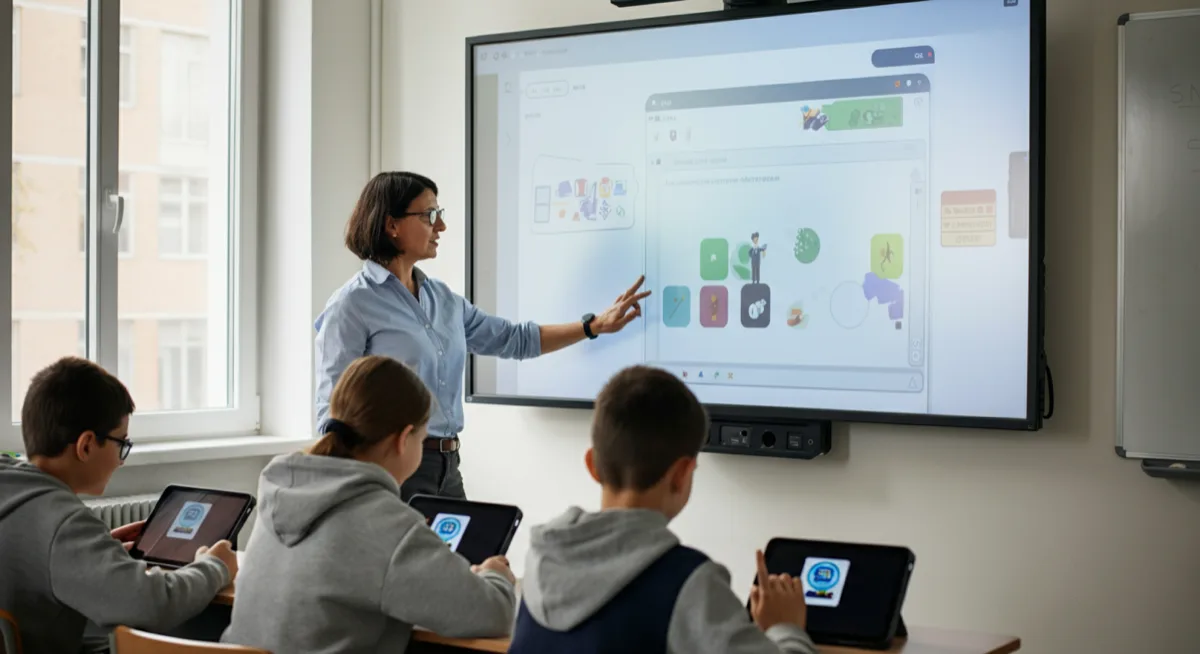 Teacher using interactive whiteboard with students on tablets in classroom