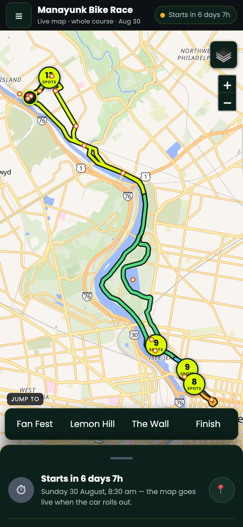 Manayunk Bike Race Tracker on a phone — the full race circuit drawn on a live map with clustered viewing-spot pins and a countdown to the start