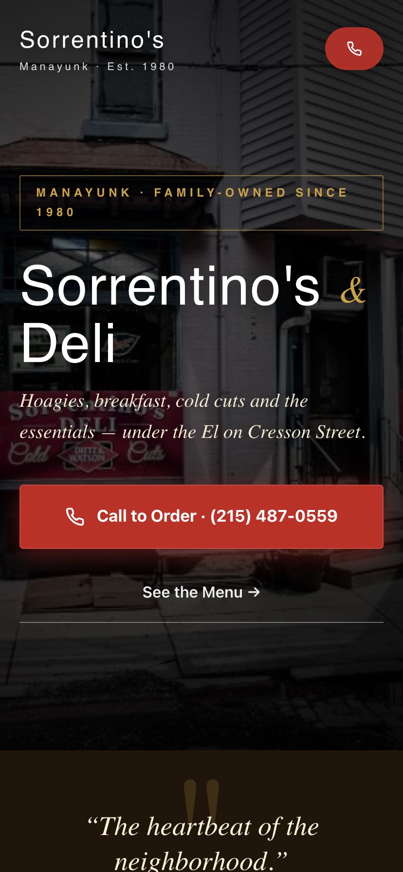 Sorrentino's Deli website on mobile
